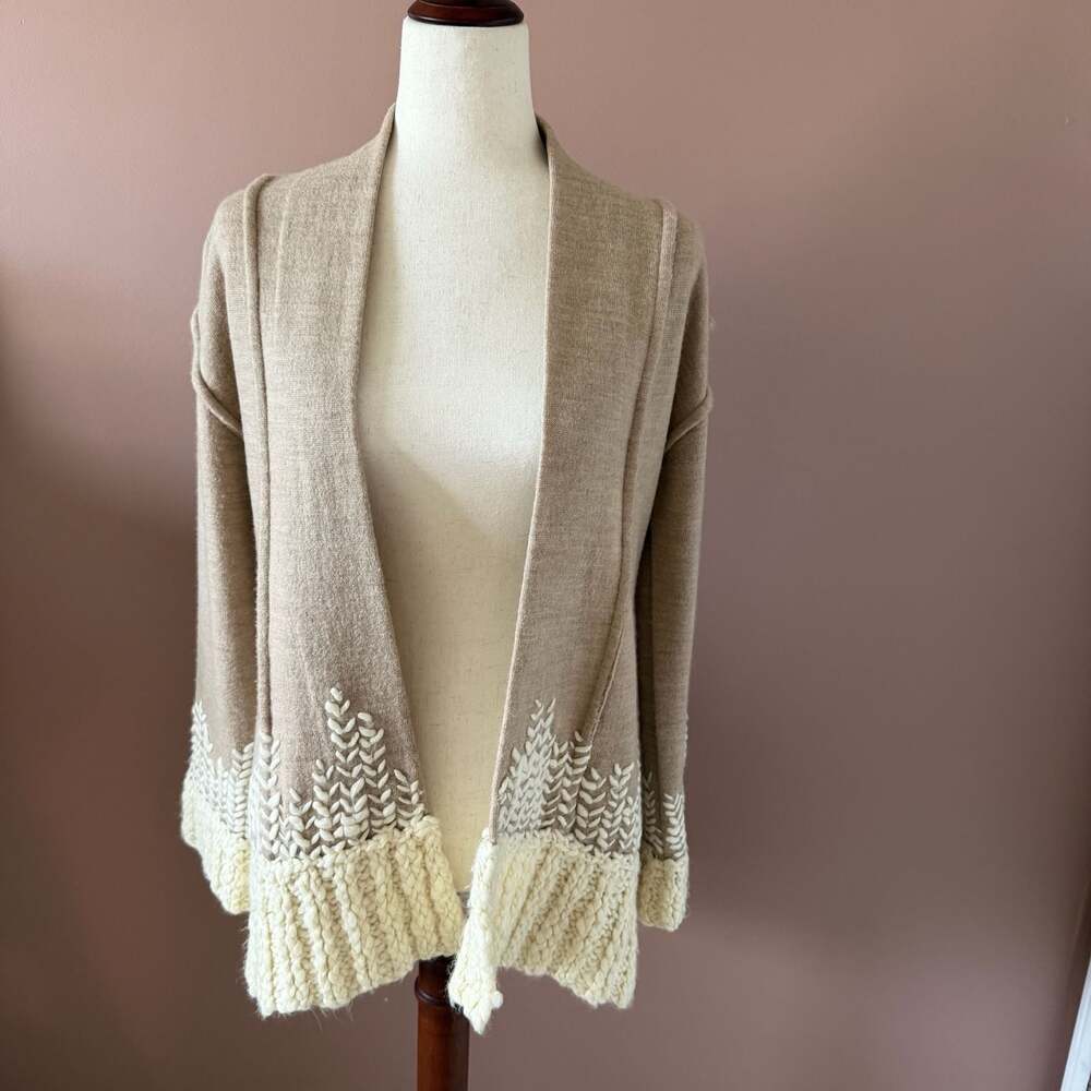 Tabitha Women's Size S Tan Wool Embroidered Open Front Cardigan
